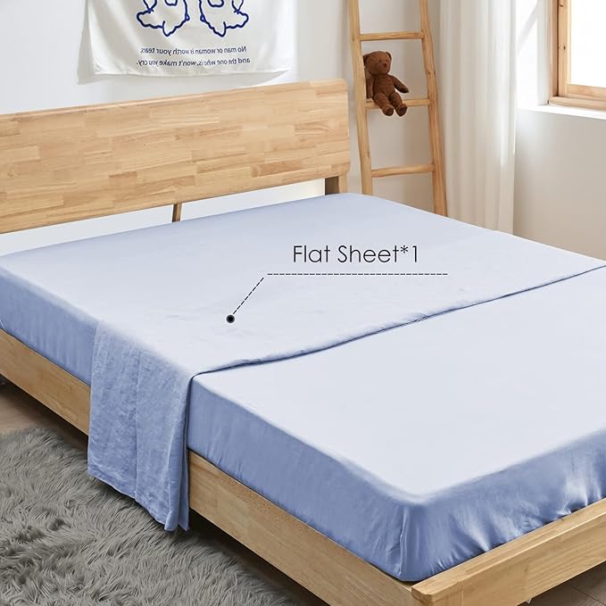 Sijo Stone Washed Organic French Linen Bed Sheet Set, GOTS Certified Organic, Best Cooling Linen Sheet Award by Sleep Foundation, 1 Flat Sheet Only (Sky, King/Cal King)