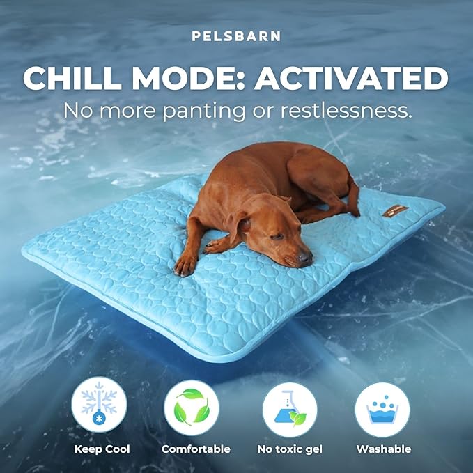 Pelsbarn Dog Cooling Mat- Ice Silk Summer Comfort, Self Cooling, Non-Slip Dog Pad, Durable & Washable, Mat for Large Dogs 25"" x 37"", Support Shelter Dogs with Every Purchase (Blue)