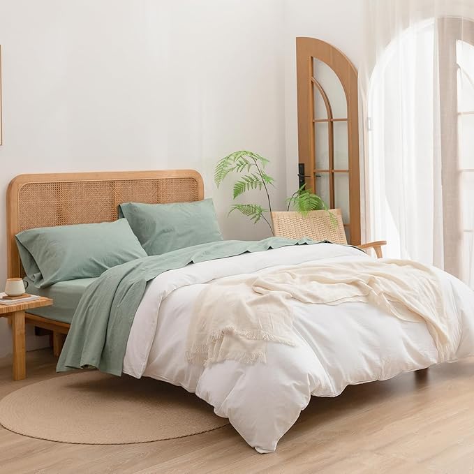 BESTOUCH Sheet Set 100% Washed Cotton Linen Feel Super Soft Comfortable Chic Lightweight 4 Pcs Home Bedding Set Solid Green Cal King