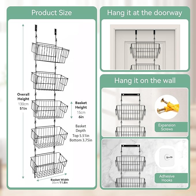 ziroland Over The Door Organizer – 5 Removable Hanging Baskets, Back of Door Storage for Bathroom, Kitchen, Pantry & Garage, No Tools Needed, 3 Installation Methods (Wall/Door Mount) Black