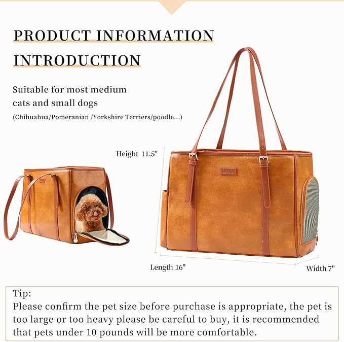 Lasaviin Fashion Dog Purse Pet Carrier Leather Bag for Small Dogs Cats Puppy, Portable Tote Bag Airline Approved Soft-Sided Carriers (Brown)
