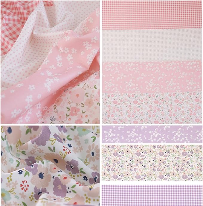 Hanjunzhao 14 Pcs Pink Green Blue Purple Floral Dots Plaid Print Cotton Fabric Fat Quarters Bundles 18 x 22 Inch Sewing Fabrics for Quilting Chrismas Holiday Party Decor DIY Crafts, Sweet Garden