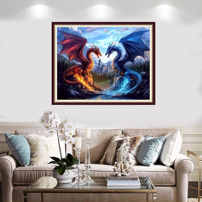 Foxnyart Stamped Cross Stitch Kits Full Range of Embroidery Needlework Starter Kits for Beginners Adults 11CT Embroidery Patterns Art Crafts DIY Needlepoint Kit-Water Fire Dragon Castle 16x20 inchs