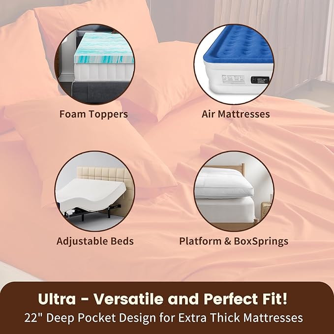 100% Linen Sheet Set King Size Extra Deep Pocket Fits 18-24 Inch Mattress, Breathable & Soft, Smooth 6-Piece Set for Thick Mattresses Hotel Luxury Bedding（King, Orange）