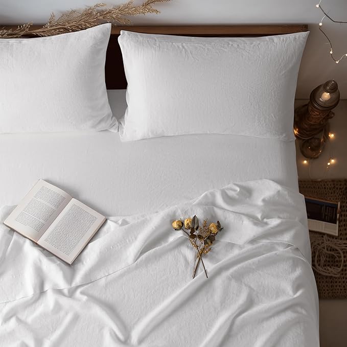 LBRO2M 100% Linen Sheet Set 24" Deep Pocket King Size,Bed Sheets 4 Piece Sets,Solid Color Natural Flax Bed Sheets Soft Breathable Bedding, All Season (King, White)