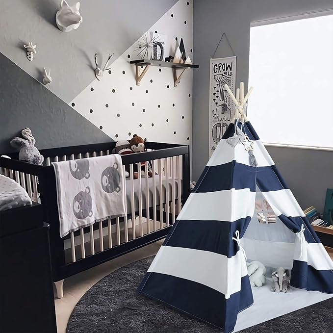 Ukadou Kids Teepee Tent for Boys Navy White Stripe Teepee Tent Indian Canvas Tents for Toddlers Indoor Playhouse Play Tent for Kids