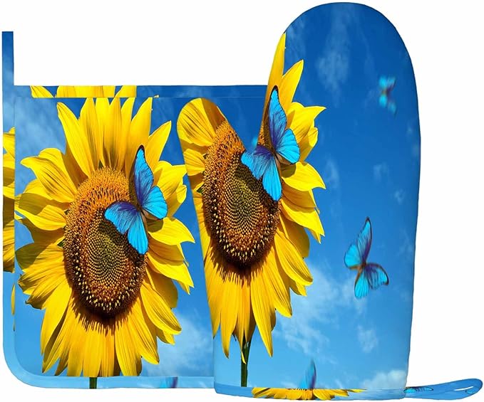 Mxocom Yellow Sunflowers Silicone Oven Mitts and Pot Holders Sets Blooming Sunflowers in Blue Sky Beautiful Blue Butterflies Flying BBQ Gloves for Kitchen,Cooking,Baking,Grilling