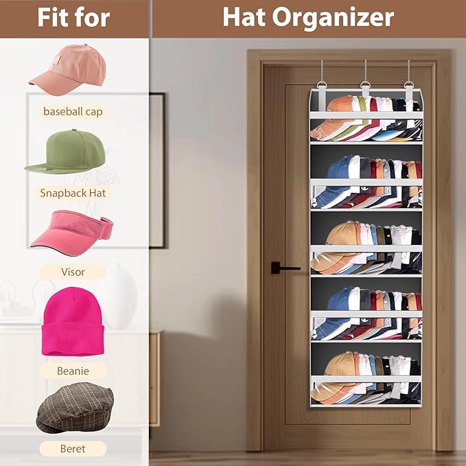 KYEVIS Over the Door Hat Organizer & Rack - Holds 60 Baseball Caps, Hat Storage for Closet Door Wall with 10 Clear Mesh Pockets, Grey