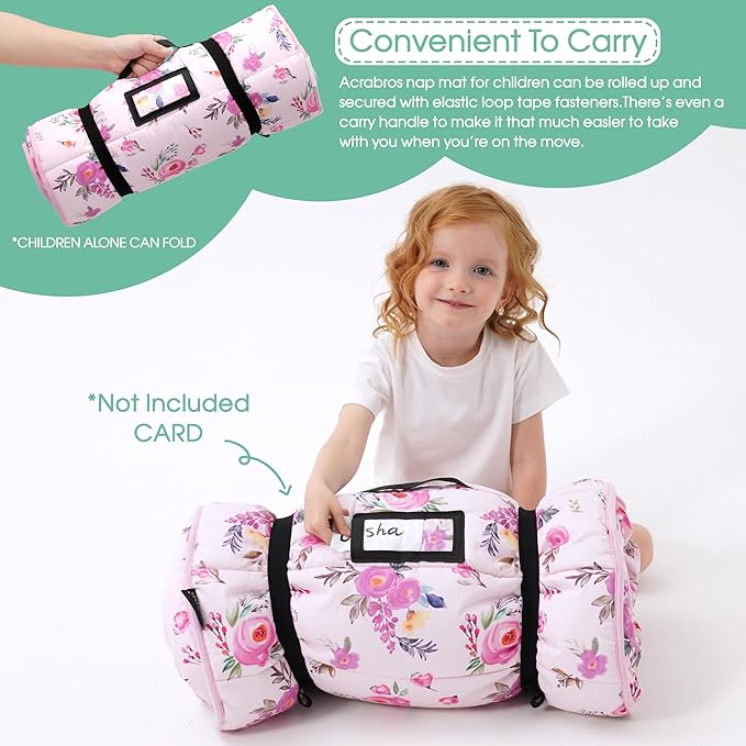 ACRABROS Toddler Nap Mat with Pillow and Blanket, Extra Large Rolled Napping Mats,Slumber Bags for Boys Girls,Kids Sleeping Bag for Daycare, Preschool Travel Camping,Pink Floral