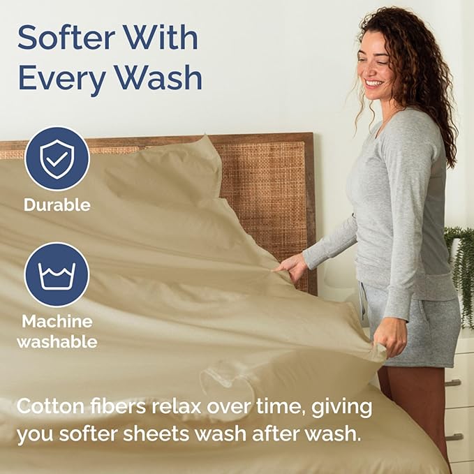 Extra Deep Pockets 400 Thread Count 100% Cotton 4 Piece Queen Size Bedding Sheet Set - Breathable & Cooling - Hotel Luxury Bed Sheets Set - Extra Soft, Wrinkle Free & Comfy Beige Bedding Sheets Set