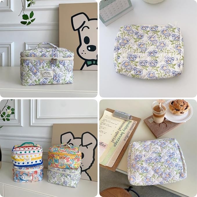 Fcteap Makeup Bag Travel Essentials Quilted Cosmetic Toiletry Pouch Organizer Insert for Women Dorm Room Essential Gift Large Capacity Opening Lightweight Cute Aesthetic Portable 2PCS (Flower)