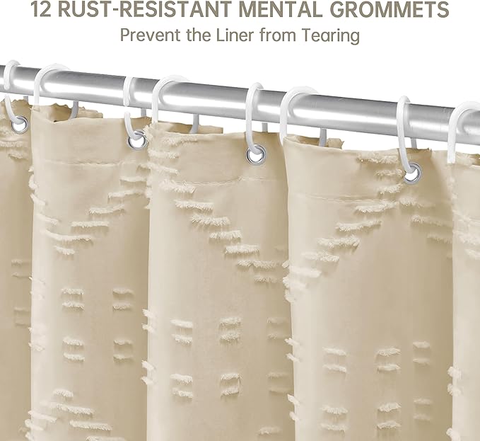Siiluminisoy Extra Long Cream/Beige Boho Shower Curtain - Woven Fabric Farmhouse 96 Inch, 72 x 96 Tufted Chevron Textured Striped Modern Minimalist Cloth Curtain for Bathroom
