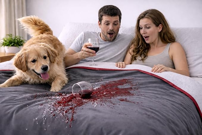 Premium Deluxe - 100% Waterproof Blanket Guarantees to Keep Your Bed Dry! Crinkle-Free Ultra-Soft Fleece Furniture Protector for People Kids Pets. EZ Wash/Dry Red/Grey Reversible 80x60