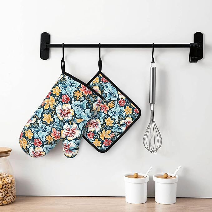 Oven Mitts and Potholders Retro Colored Flowers Silicone Glove Heat Resistant, Kitchen Gloves for Cooking, 2-Piece Set