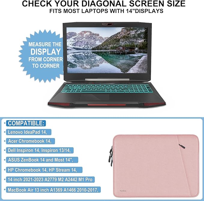 Laptop Sleeve Case 14 inch, Shockproof Protective Computer Cover with Accessories Pocket, Portable Laptop Bag Compatible for 14 inch MacBook Air/Pro, Dell, HP, Acer, Asus, Lenovo, Pink