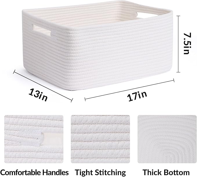 MiniArk Large Storage Baskets for Shelves, Closet Organizers Bins for Clothes Blanket Towels, Baby Nursery, Toy Baskets Box, Woven Rope Baskets, 17 x 13 x 7.5”, 2 Packs Off White