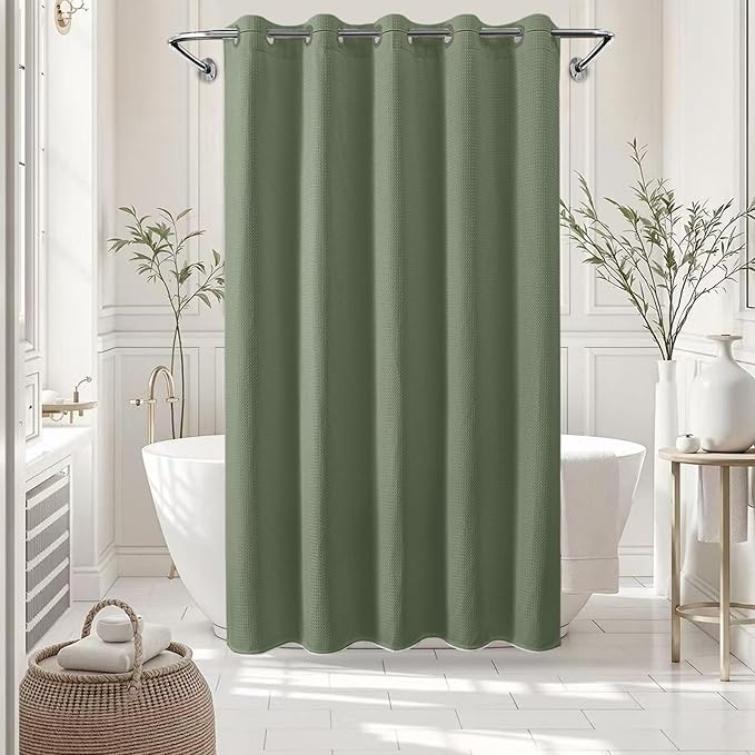 Zemyovia Waterproof No Hooks Waffle Shower Curtain, 260GSM Heavy Duty Fabric, with 10 Durable Split Grommets, Luxury Hotel Spa Style for Bathroom, Machine Washable, 74 x 72 Standard Size, Green