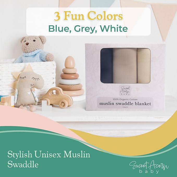 Sweet Acorn Muslin Swaddle Blanket – Soft Cotton Muslin Baby Blanket for Newborns, Infants, and Toddlers, All-Season Comfort Baby Essential - Blue, Grey, White