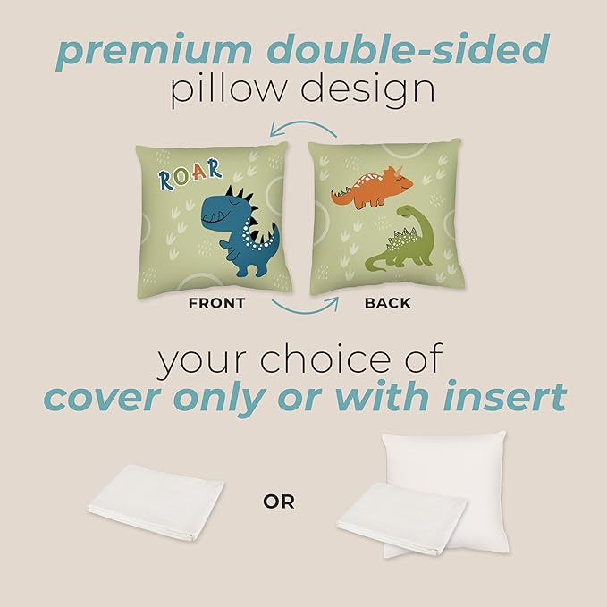 Kids Dinosaur Throw Pillow - 16" x 16" - Double-Sided Printing - Cover Only - Kids Bedroom Accent Pillow - Nursery Decor - Printed in USA