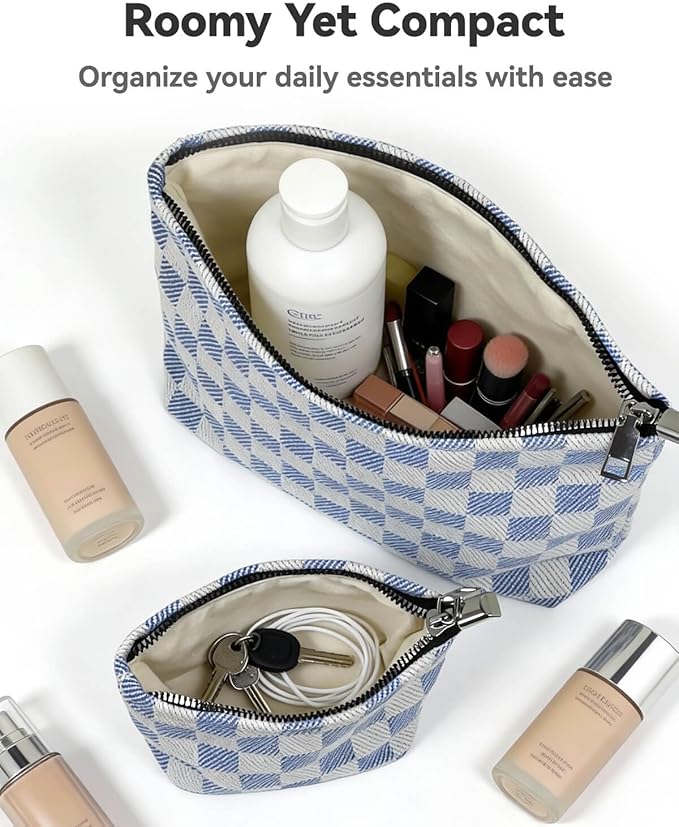 fahombag 2 Pcs Checkered Makeup Bag Set Canvas Cosmetic Pouch for Women Large & Small Cute Preppy Aesthetic Travel Toiletry Pouch Organizer for Purse Skincare Brushes, Blue And White