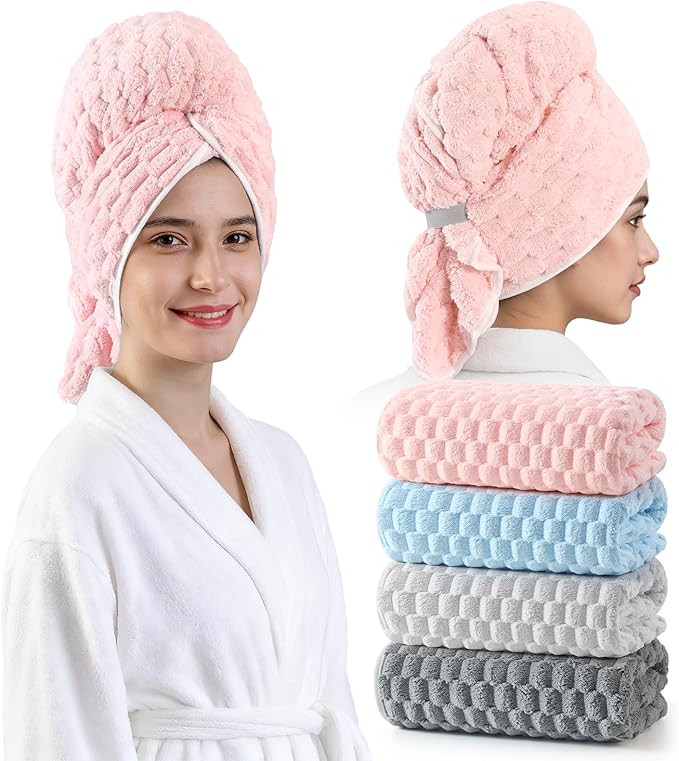REDKISS 4 Pack Extra Large Hair Towels - Microfiber Hair Towel Wrap for Women, 23 x 47 inches Hair Towels with Elastic Strap, Super Soft Hair Drying Towels for Long, Thick, Curly Anti Frizz Turbans