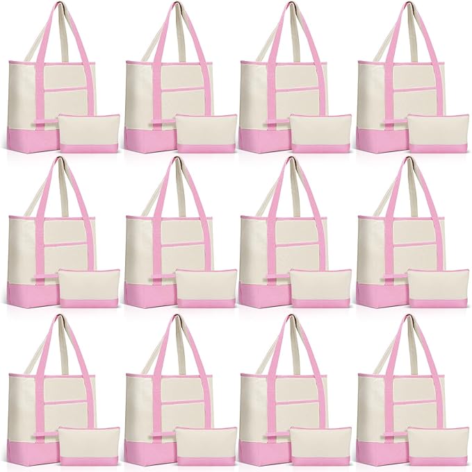 Sanwuta Canvas Tote Bags Bulk with Outer Pocket and Makeup Pouch 18'' Reusable Grocery Bags with Handles for Women Beach DIY