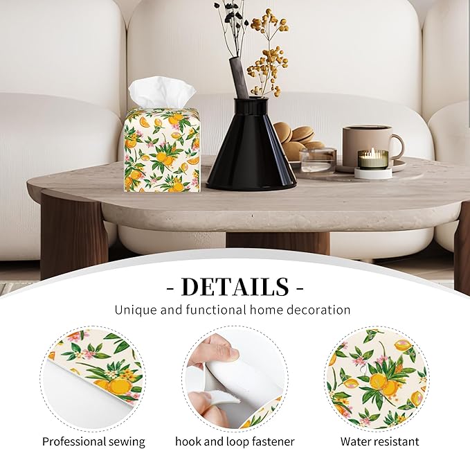 POIUBLE Tissue Box Holder Orange Fruit Floral Tissue Box Cover Square Leather Tissue Holder Organizer Portable Decorative Facial Paper Case for Home Office Bathroom Vanity Countertop