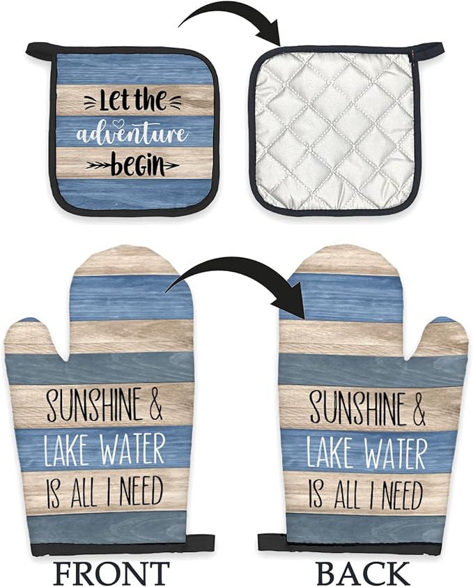 Lake Gifts Oven Mitts and Pot Holders Sets, Lake Lovers House Gifts Kitchen Accessories Sets Decor, Rustic Sunshine Lake Water is All I Need Heat Resistant Oven Glove Potholders for Kitchen