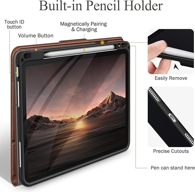 auaua Case for iPad Air 11 Inch M3/M2 (2025/2024), iPad Air 5th/4th Generation (2022/2020), with Pencil Holder and Pocket, Typing Angle Muti-Stand Magnetic Closure Auto Sleep/Wake (Brown)