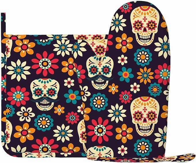 Mxocom Day of The Dead Oven Mitts and Pot Holders Sets Sugar Skulls and Flowers Seamless Pattern on Dark Background Silicone Heat Resistant Kitchen Oven Gloves Pot Holder for Cooking
