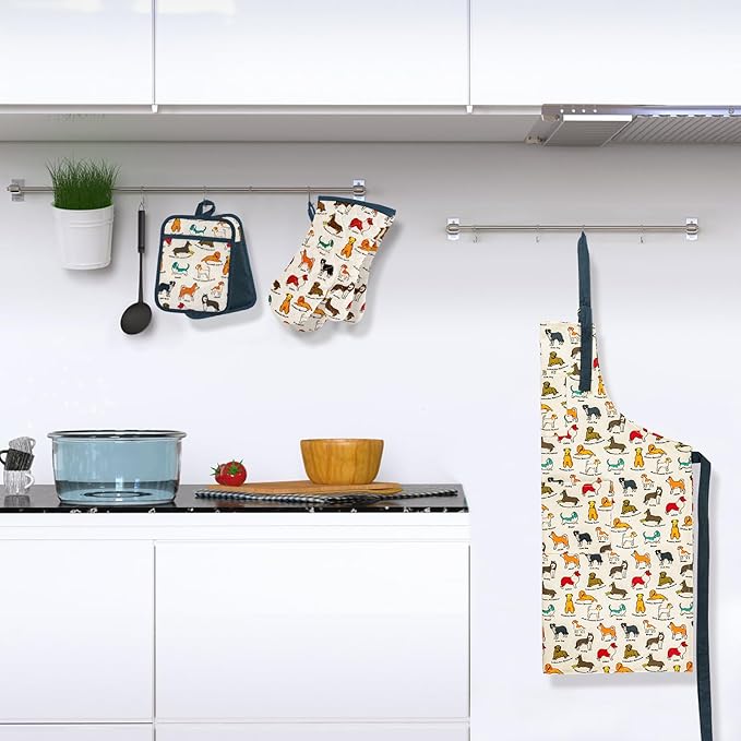 Oven Mitts and Pot Holders with Chef Apron,Set of 5 Heat Resistant Kitchen Gloves and Silicone Non-Slip Potholders Adjustable Neck Buckle Chef Apron, Cotton Nice Design for Cooking (Dog)