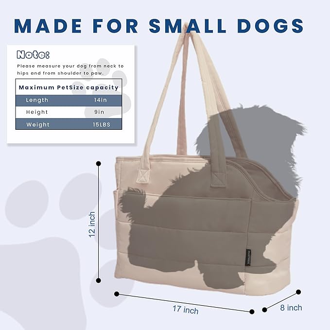 STRAODTIC Lightweight Dog Purse Carrier for Small Dogs Under 15 lbs, Puffy Quilted Pet Carrier Tote for Puppies with Safety Leash Clip, Women's Hands-Free Dog Carrier Bag for Travel/Shopping (Brown)