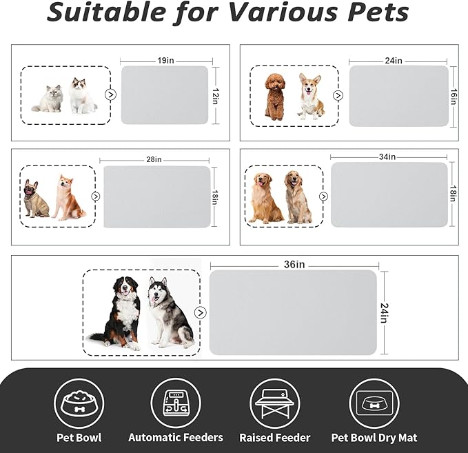 HotLive Dog Food Mat - Absorbent Cat Mat for Food and Water, No Stains Pet Feeding Bowl Mat, Easy to Clean Pet Placemats, Quick Dry Dog Water Dispenser Mat for Messy Drinkers | Light Grey 18"x34"