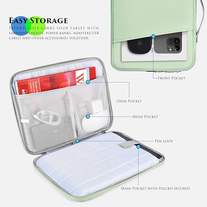 9-11 Inch Tablet Sleeve Case for 2023 Amazon Fire Max 11 Inch/Fire HD 10 Plus & Fire HD 10 Plus Kids Pro 10.1", 11-Inch iPad Pro M5 M4 / Air 11 M3 M2 2025 2024/iPad 11th Tablet Carrying Bag(Green)