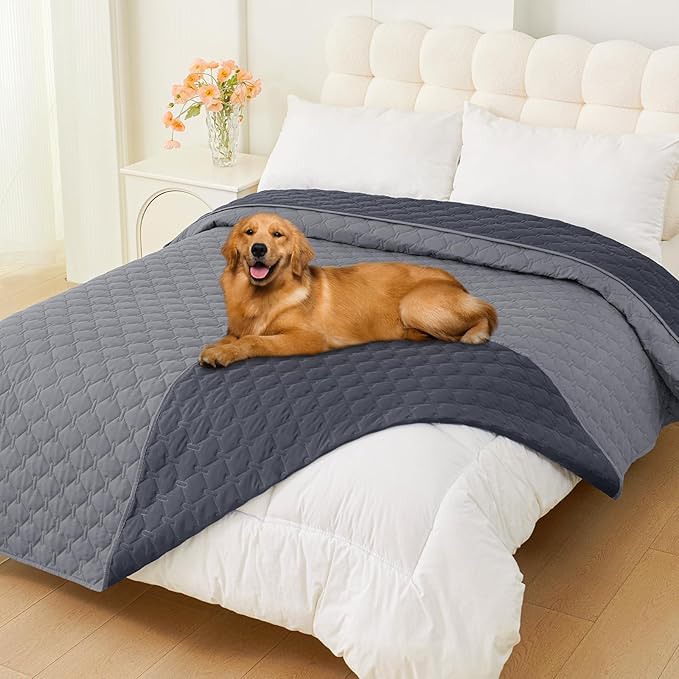 Smiry Waterproof Dog Bed Cover Blanket, Soft Reversible Pet Blanket, Washable Leakproof Cats Dogs Couch Cover for Sofa, Couch, Furniture, Plaid (82x102 Inch, Grey/Dark Grey)