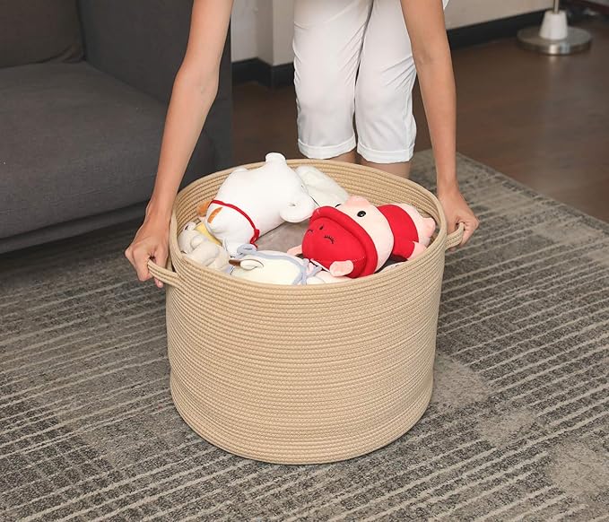 20" x 20" x 15" Extra Large Storage Basket with Lid, Cotton Rope Storage Baskets, Laundry Hamper, Cloth Bin, for Clothes Towels Blankets Pillows Storage in Living Room, All Beige
