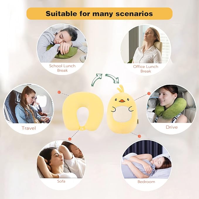 stocaggio Kids Travel Pillow - 2-in-1 Deformable Kids Neck Pillow for Traveling, Soft U-Shaped Pillow with Adorable Animal Design, Comfy Sleep and Play, Ideal for Airplanes and Cars - Yellow Duck
