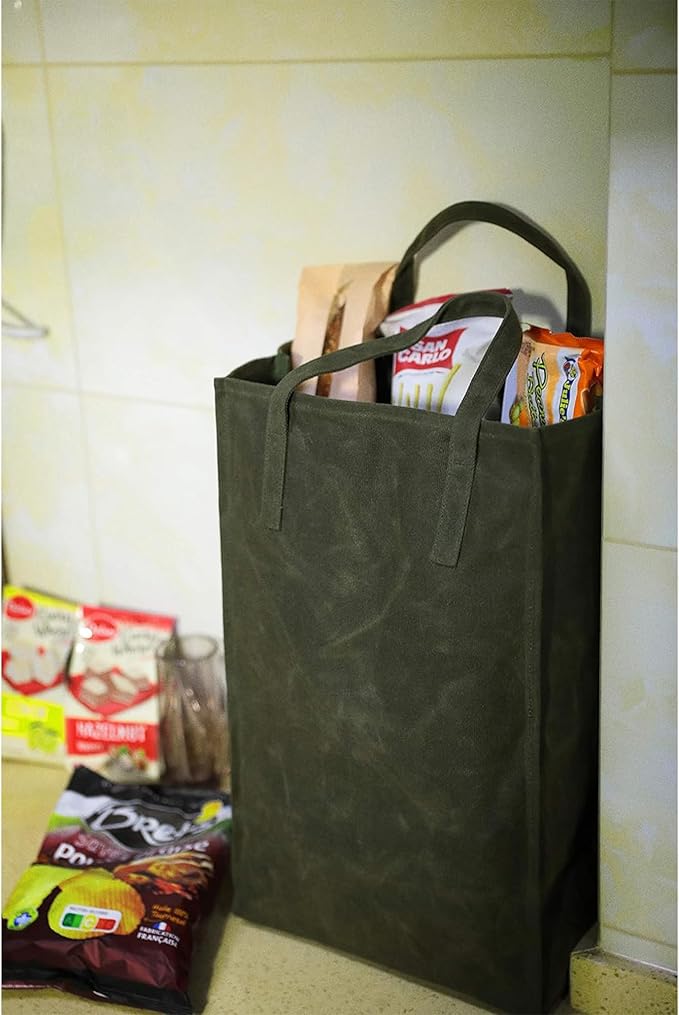 Kaaltisy Waxed Canvas Grocery Bag Eco-Friendly Reusable Shopping Bags Foldable Organic and Vegan Shopping Bags, Tall, Soft Handfeel