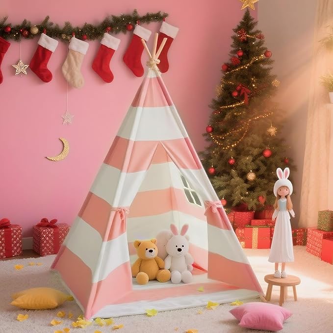xiaowantong Teepee Tent for Kids with Padded Mat, Lights, and Carry Bag, Washable Playhouse for Indoor Use, Ideal Play Tent for Girls and Boys, Stripe Pink