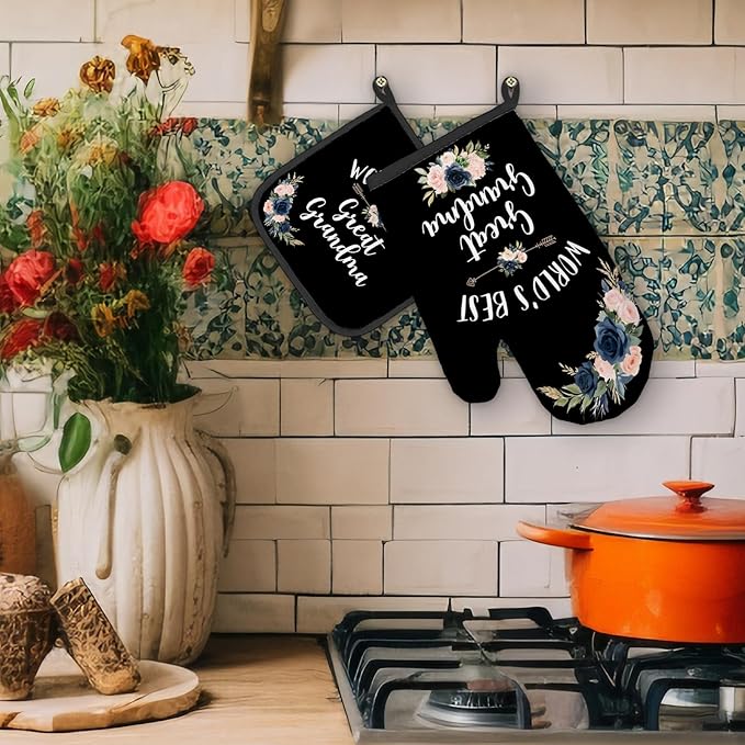 Great Grandma Gifts Oven Mitts and Pot Holders Sets, Gifts for Great Grandma Kitchen Decor Accessories Sets, World’s Best Great Grandma Heat Resistant Oven Glove Potholders for Kitchen Cooking