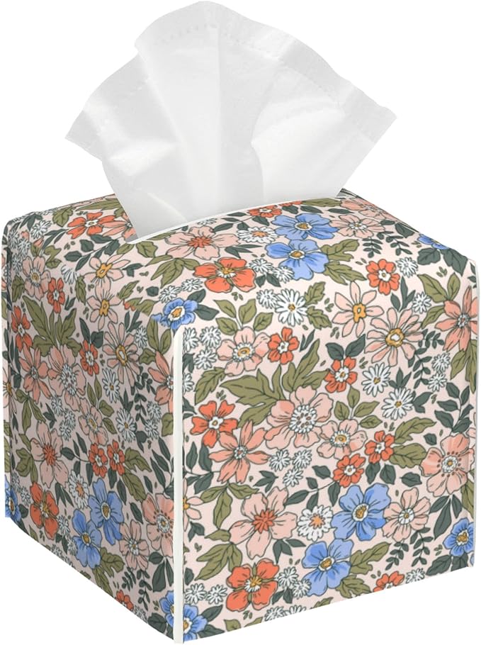 POIUBLE Vintage Floral Tissue Box Cover Leather Tissue Box Holder Square Facial Paper Organizer Dispenser for Bathroom Kitchen Bedroom Vanity Countertop Night Stands