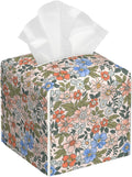 POIUBLE Vintage Floral Tissue Box Cover Leather Tissue Box Holder Square Facial Paper Organizer Dispenser for Bathroom Kitchen Bedroom Vanity Countertop Night Stands