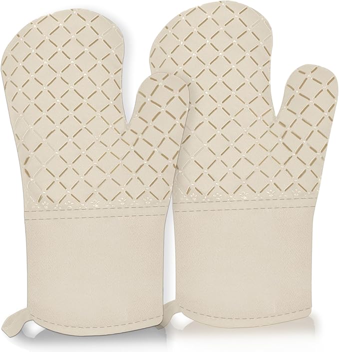 2 Pcs Oven Mitts for Kitchen Heat Resistant Oven Gloves, Soft Cotton Lining, Anti-Slip Silicone Stripe Oven Mitts Heat Resistant Oven Mits, Kitchen Mitt Pair Protect Hands, Cooking Baking Gloves Khaki