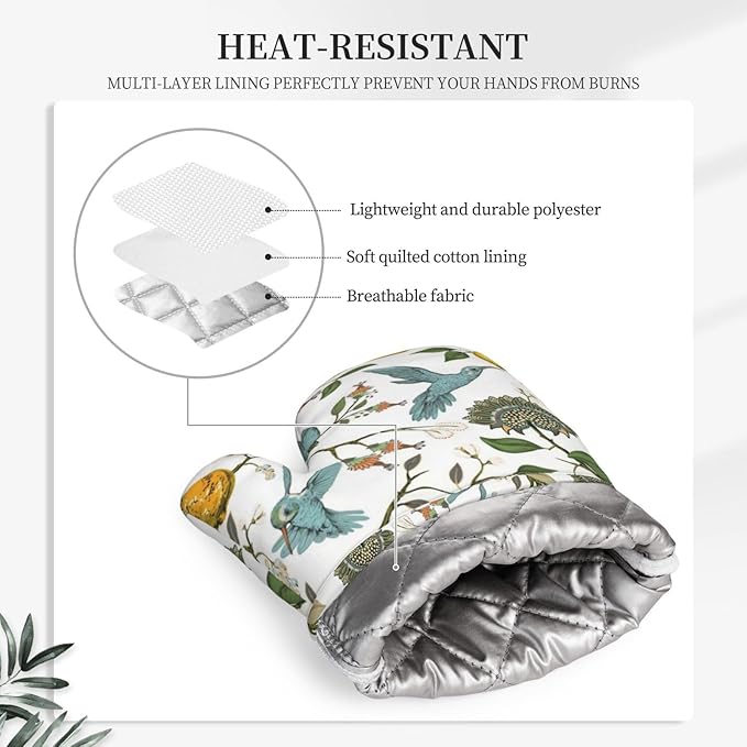 Hummingbird Lemon Flowers Oven Mitts and Pot Holders Sets, Home Silicone Heat Resistant BBQ Gloves for Kitchen Baking Cooking Grilling Microwave