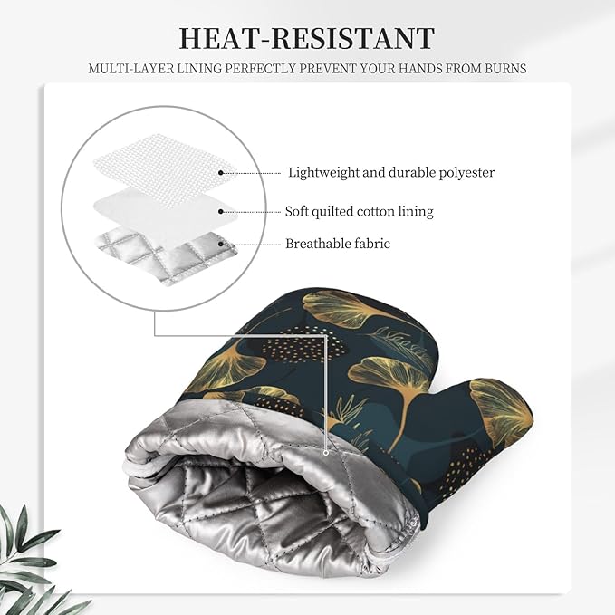 Leaves Vintage Floral Oven Mitts and Pot Holders Set of 4 Silicone Golden Gingko Leaf Kitchen Mitten Gloves and Green Leaves Potholders Set Heat Resistant Oven Gloves Hot Holders for Kitchen