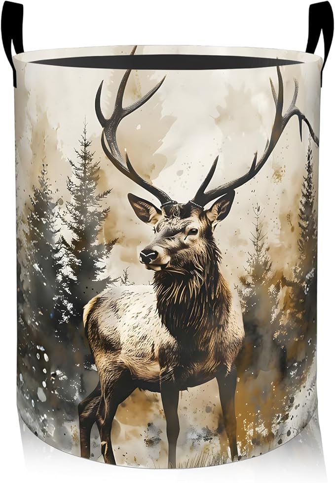 ainori Deer Laundry Basket, Oxford Cloth Realistic Watercolor Dirty Clothes Collapsible Hamper for Room Decor, Forest Wildlife Print Gifts Toy Organizer 19.7 * 15.8 Inch for Bedroom Bathroom Dorm