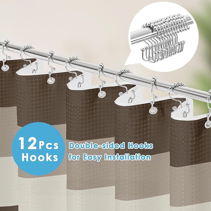 Nesphy Shower Curtain and Liner, Brown Striped 3 in 1 Shower Curtain and PEVA Liner Set with 12 Rust-Resistant Metal Hooks, Waterproof Fabric Shower Curtains for Bathroom, 72 W x 72 H