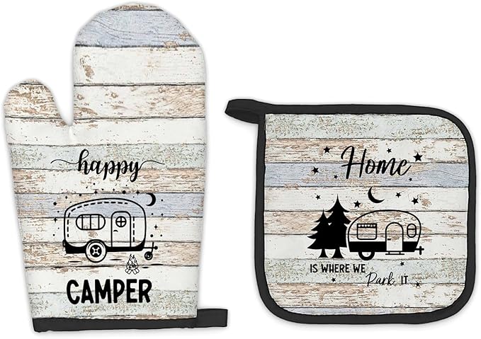 Camping Gifts Oven Mitts and Pot Holders Sets, Happy Camper Gifts Rv Kitchen Accessories Sets, Camping Themed Home is Where We Park It Heat Resistant Oven Glove Potholders for Kitchen Cooking