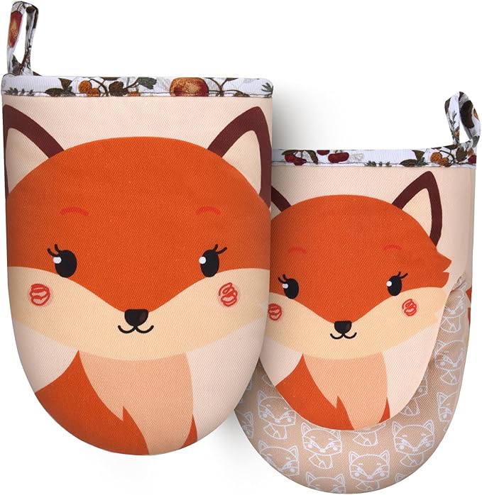 Mini Oven Mitts Cute,Silicone Oven Mitts Heat Resistant 500℉ with Non-Slip Grip and Soft Quilted Cotton Lining for Kitchen Cooking and Baking. Machine Washable-Fox