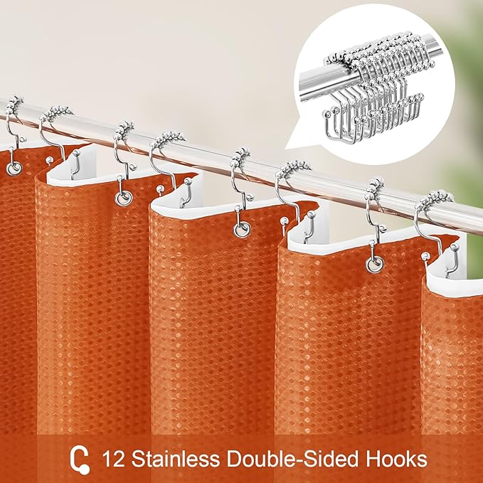 Craidlela 3 in 1 Stall Half Size Burnt Orange Shower Curtain Set-36 W x 72 H, Modern Waffle Waterproof Fabric and PEVA Liner Set with Stainless Steel Hooks